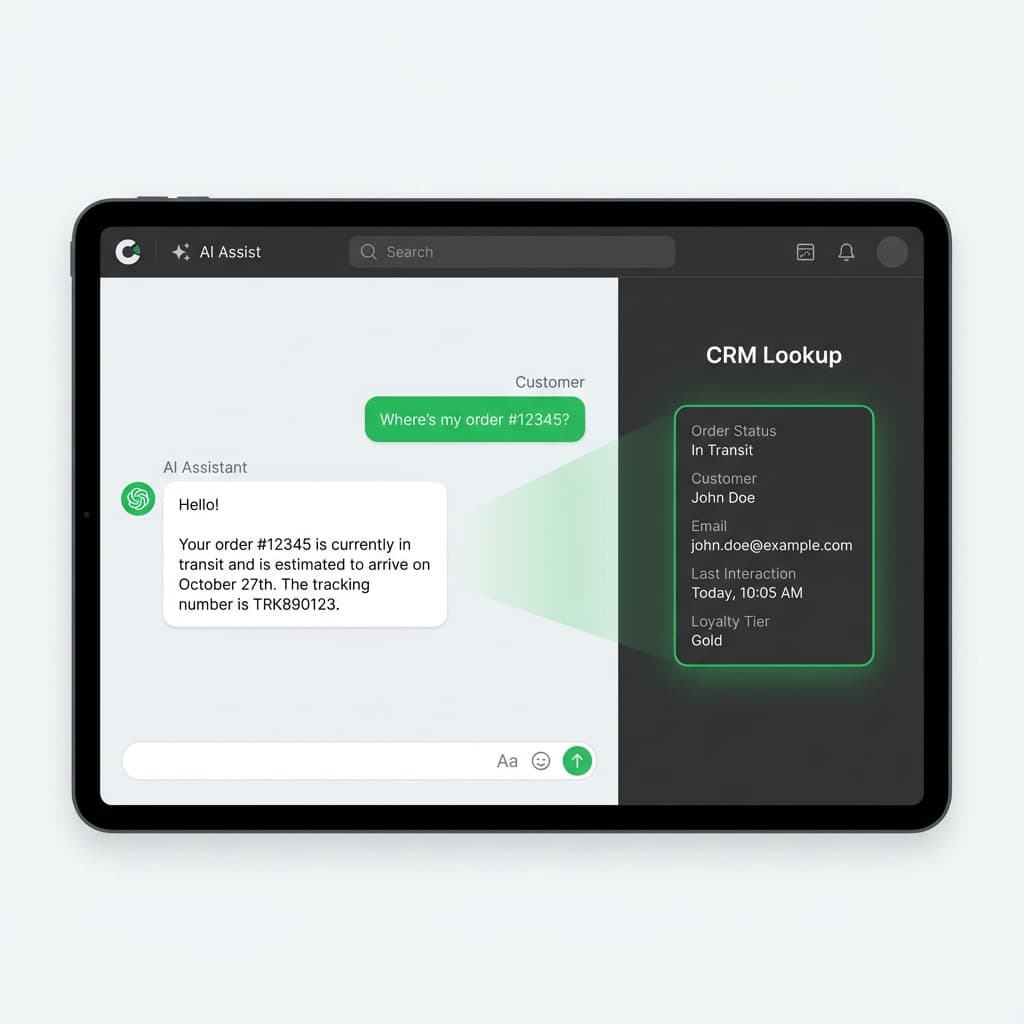 Split screen showing WhatsApp chat vs CRM data lookup